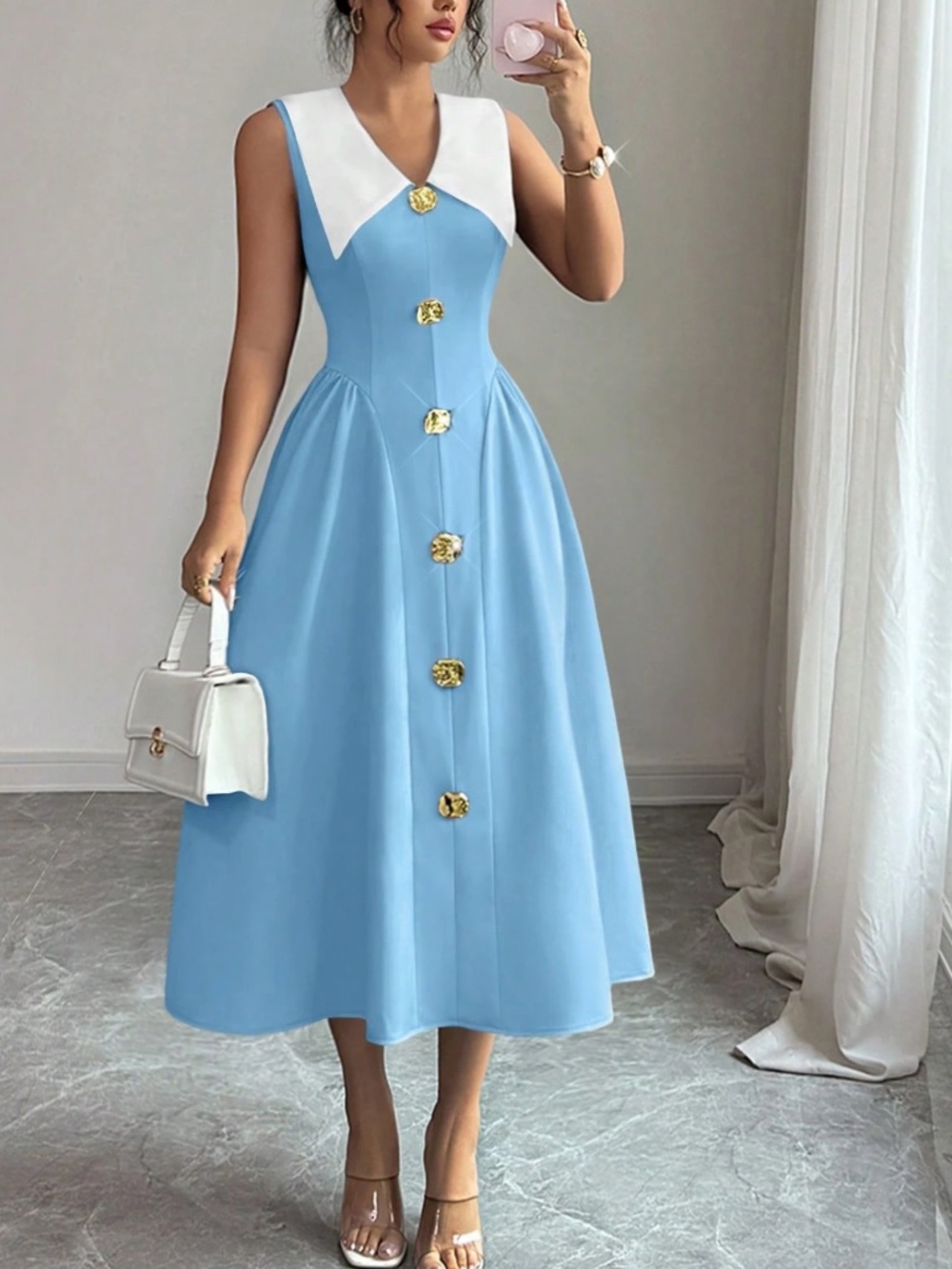 Luxe Solid Button Detail Wide Collar Flared High Waisted Dress - Picture 4 of 11
